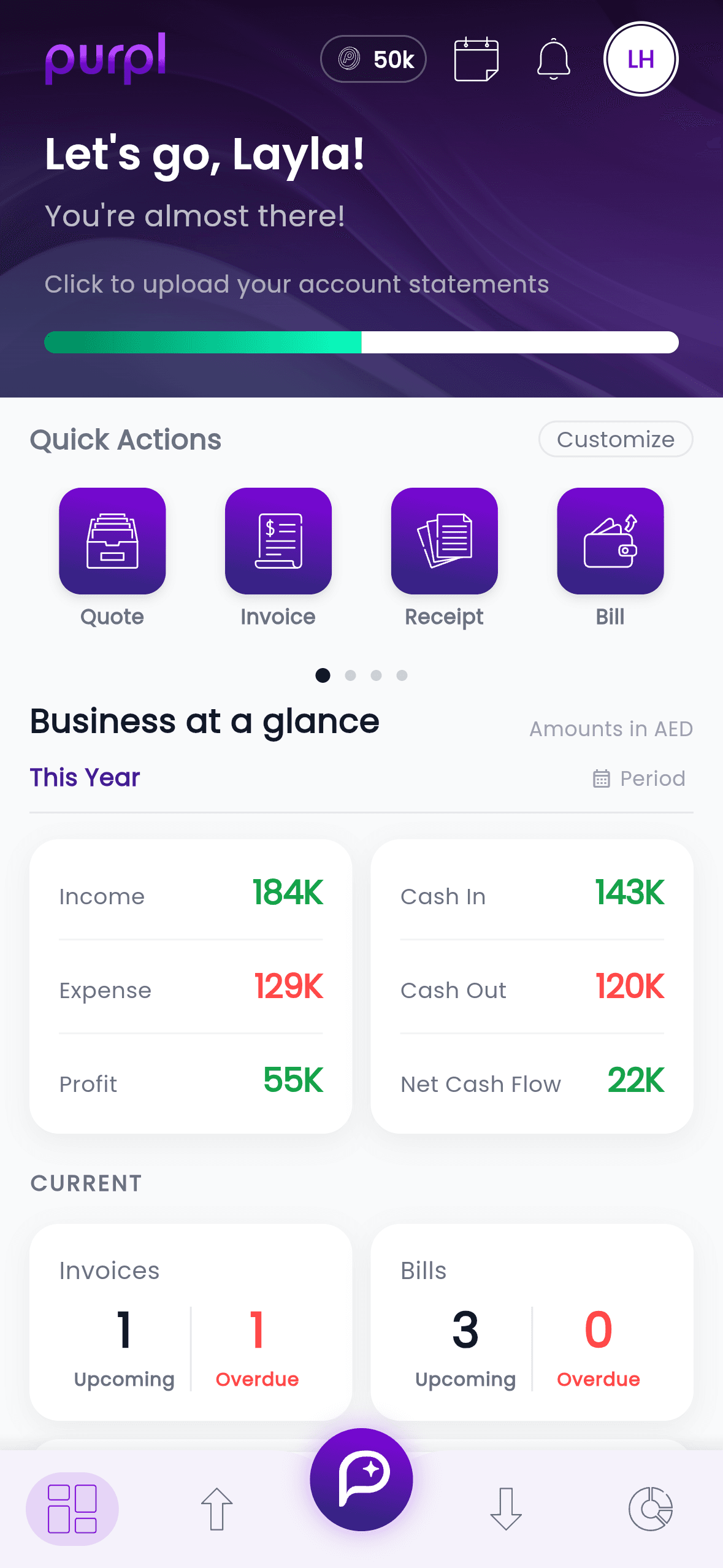 The Purpl dashboard showing income, spend and cash