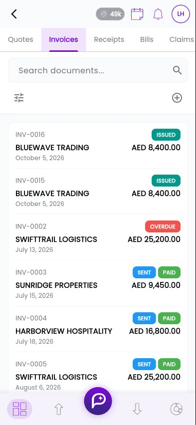 The Vault's invoice list with an overdue invoice, opened and shared by email