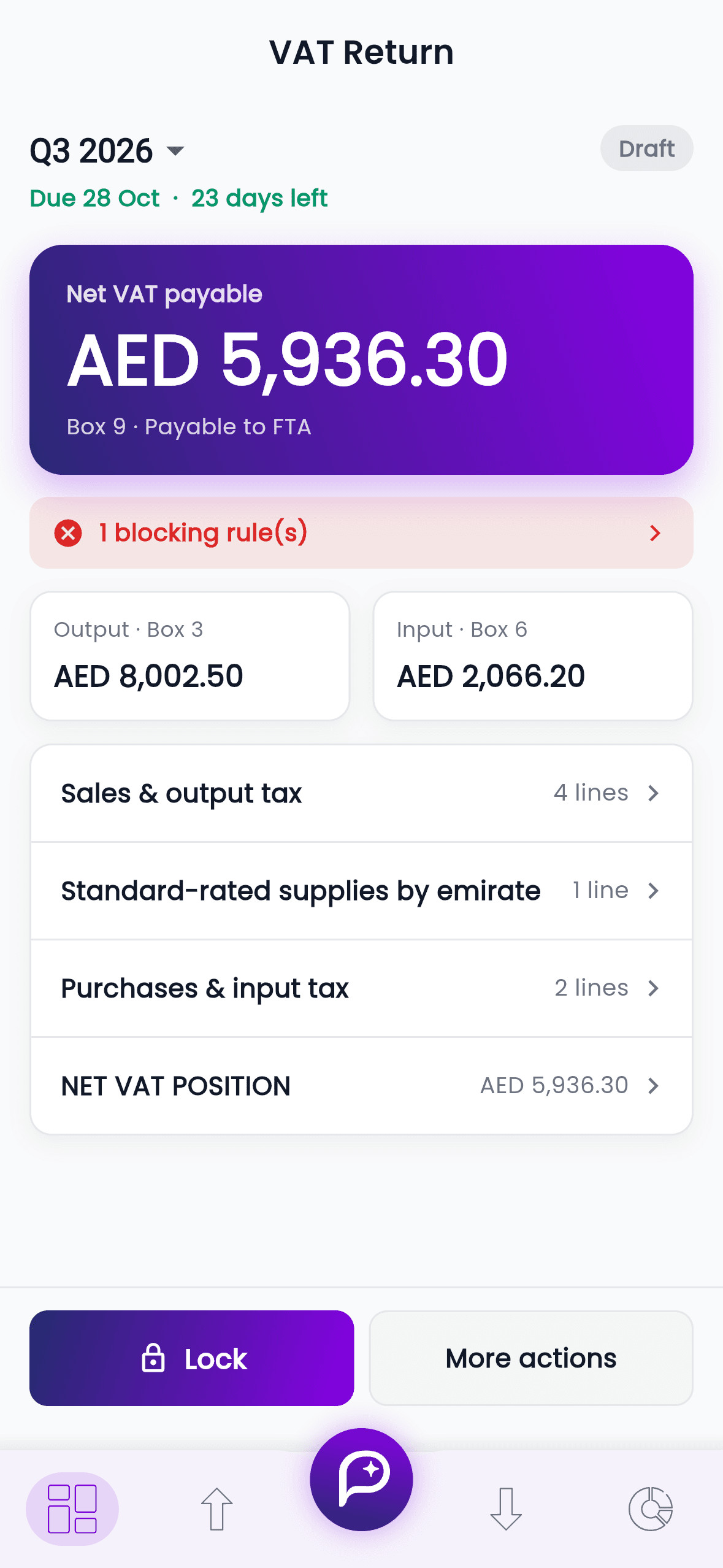 The VAT return in Purpl with each box calculated