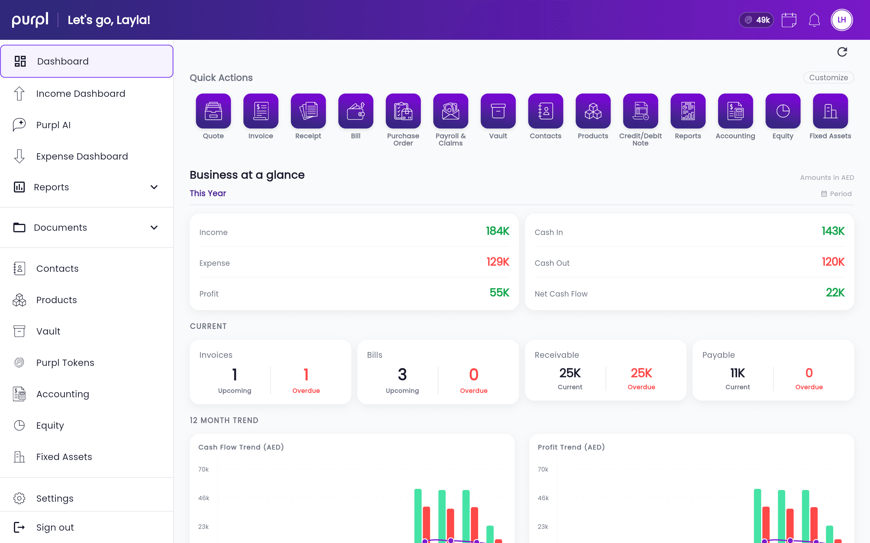 The Purpl web app dashboard in a desktop browser